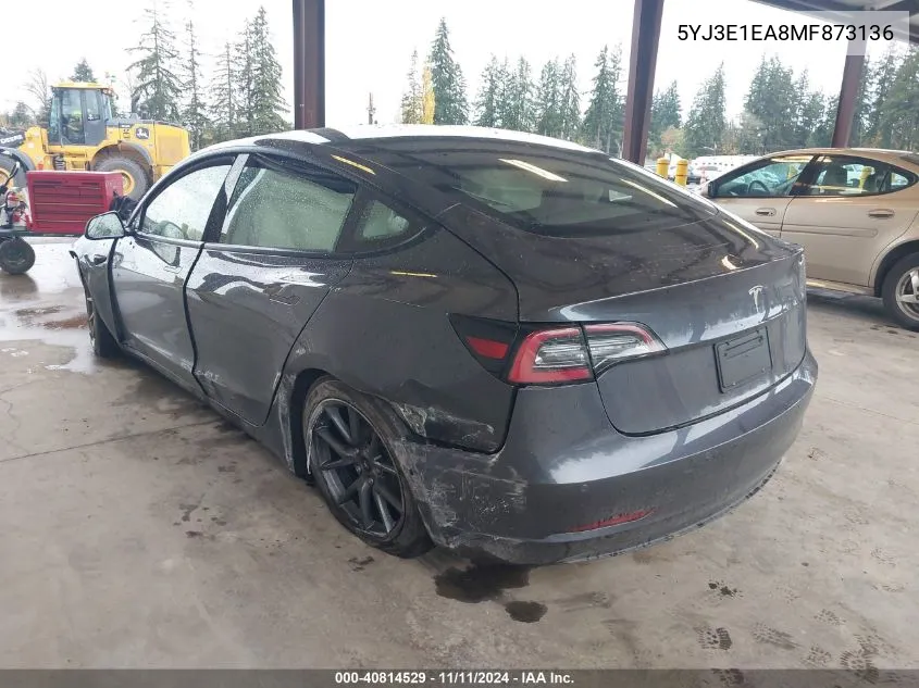 2021 Tesla Model 3 Standard Range Plus Rear-Wheel Drive VIN: 5YJ3E1EA8MF873136 Lot: 40814529