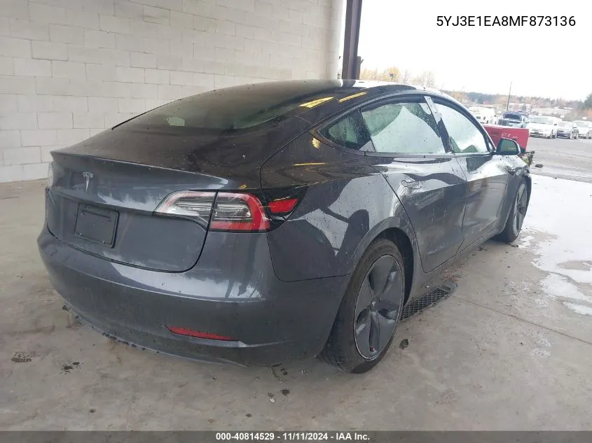 2021 Tesla Model 3 Standard Range Plus Rear-Wheel Drive VIN: 5YJ3E1EA8MF873136 Lot: 40814529