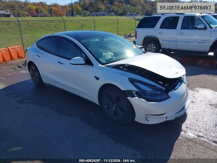 2021 Tesla Model 3 Standard Range Plus Rear-Wheel Drive VIN: 5YJ3E1EA6MF978497 Lot: 40824297