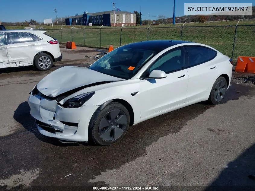 2021 Tesla Model 3 Standard Range Plus Rear-Wheel Drive VIN: 5YJ3E1EA6MF978497 Lot: 40824297