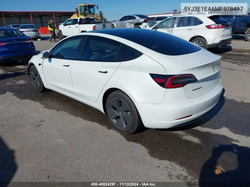 2021 Tesla Model 3 Standard Range Plus Rear-Wheel Drive VIN: 5YJ3E1EA6MF978497 Lot: 40824297