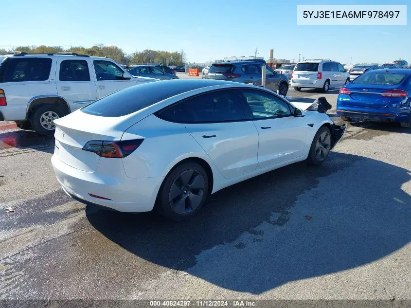 2021 Tesla Model 3 Standard Range Plus Rear-Wheel Drive VIN: 5YJ3E1EA6MF978497 Lot: 40824297