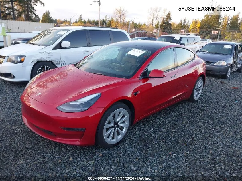 2021 Tesla Model 3 Standard Range Plus Rear-Wheel Drive VIN: 5YJ3E1EA8MF088244 Lot: 40836427