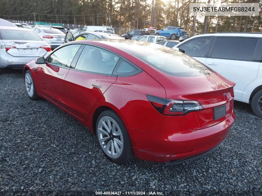 2021 Tesla Model 3 Standard Range Plus Rear-Wheel Drive VIN: 5YJ3E1EA8MF088244 Lot: 40836427