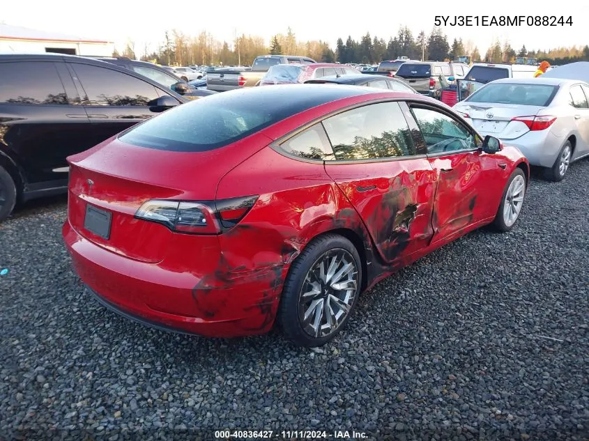 2021 Tesla Model 3 Standard Range Plus Rear-Wheel Drive VIN: 5YJ3E1EA8MF088244 Lot: 40836427