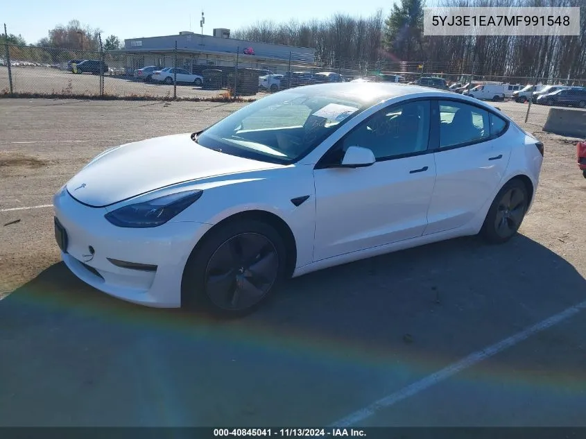 2021 Tesla Model 3 Standard Range Plus Rear-Wheel Drive VIN: 5YJ3E1EA7MF991548 Lot: 40845041