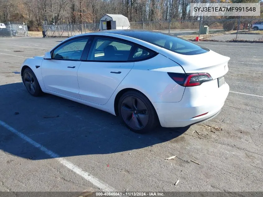 2021 Tesla Model 3 Standard Range Plus Rear-Wheel Drive VIN: 5YJ3E1EA7MF991548 Lot: 40845041