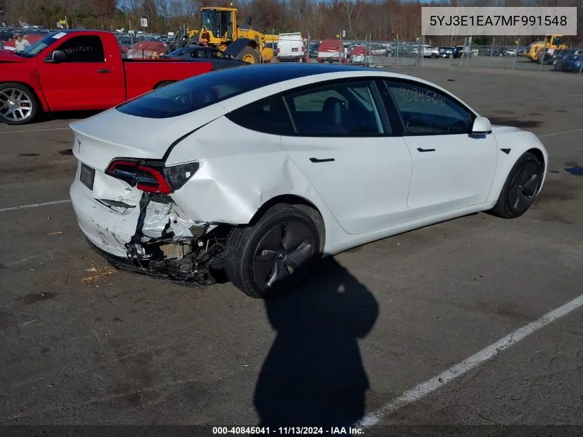 2021 Tesla Model 3 Standard Range Plus Rear-Wheel Drive VIN: 5YJ3E1EA7MF991548 Lot: 40845041