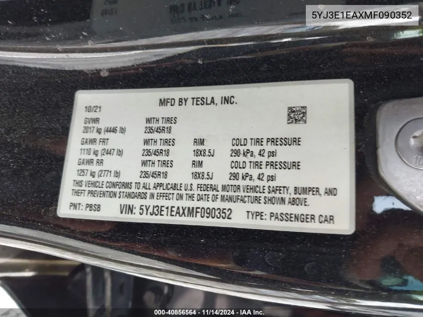 2021 Tesla Model 3 Standard Range Plus Rear-Wheel Drive VIN: 5YJ3E1EAXMF090352 Lot: 40856564