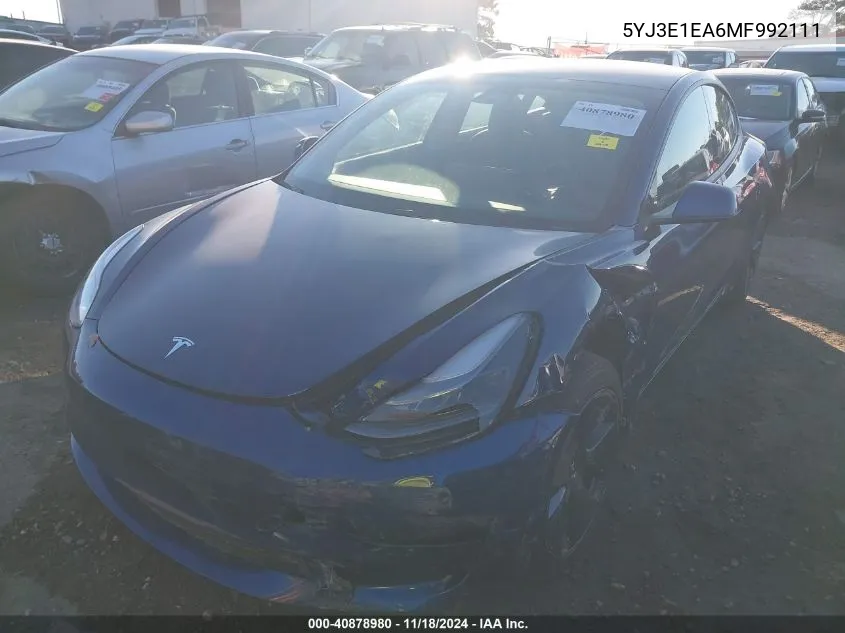 2021 Tesla Model 3 Standard Range Plus Rear-Wheel Drive VIN: 5YJ3E1EA6MF992111 Lot: 40878980