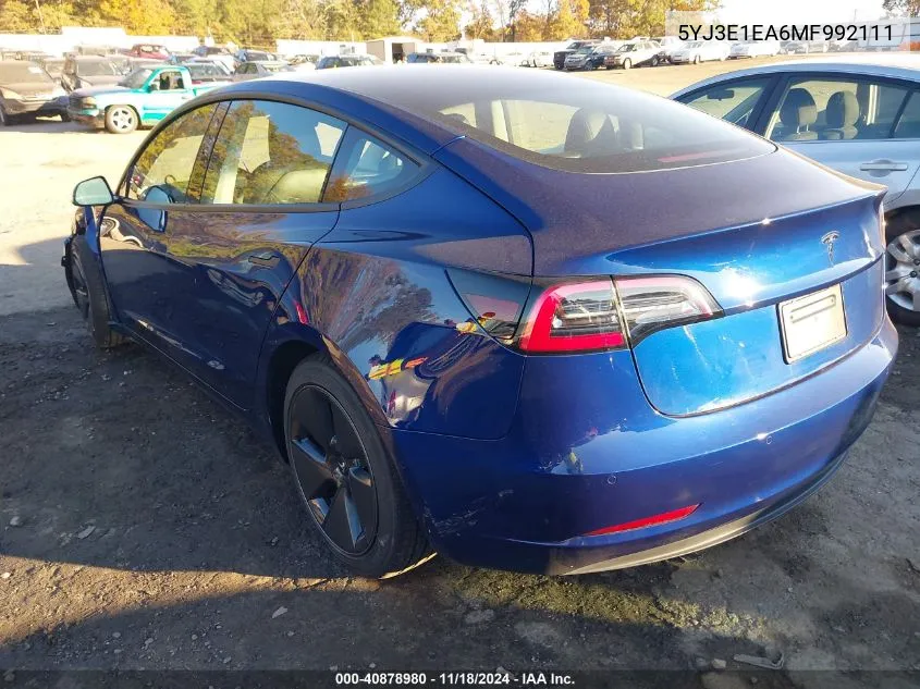 2021 Tesla Model 3 Standard Range Plus Rear-Wheel Drive VIN: 5YJ3E1EA6MF992111 Lot: 40878980