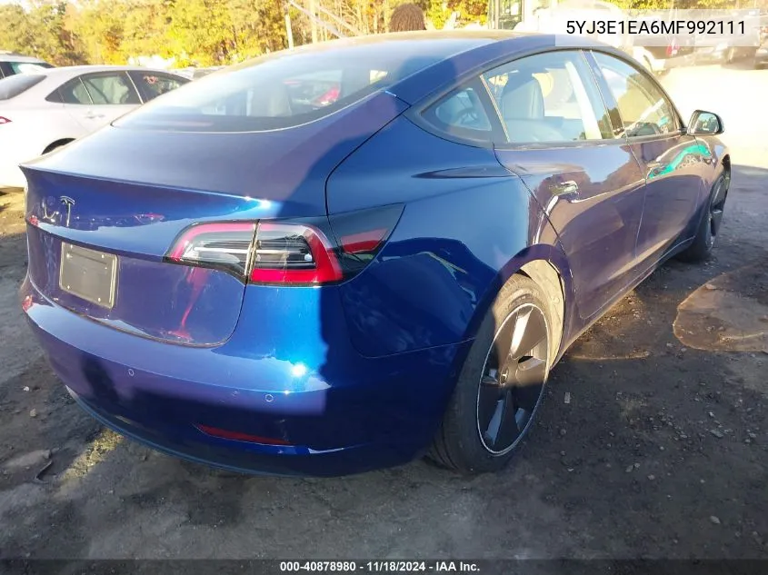 2021 Tesla Model 3 Standard Range Plus Rear-Wheel Drive VIN: 5YJ3E1EA6MF992111 Lot: 40878980