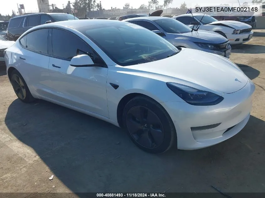 2021 Tesla Model 3 Standard Range Plus Rear-Wheel Drive VIN: 5YJ3E1EA0MF002148 Lot: 40881493