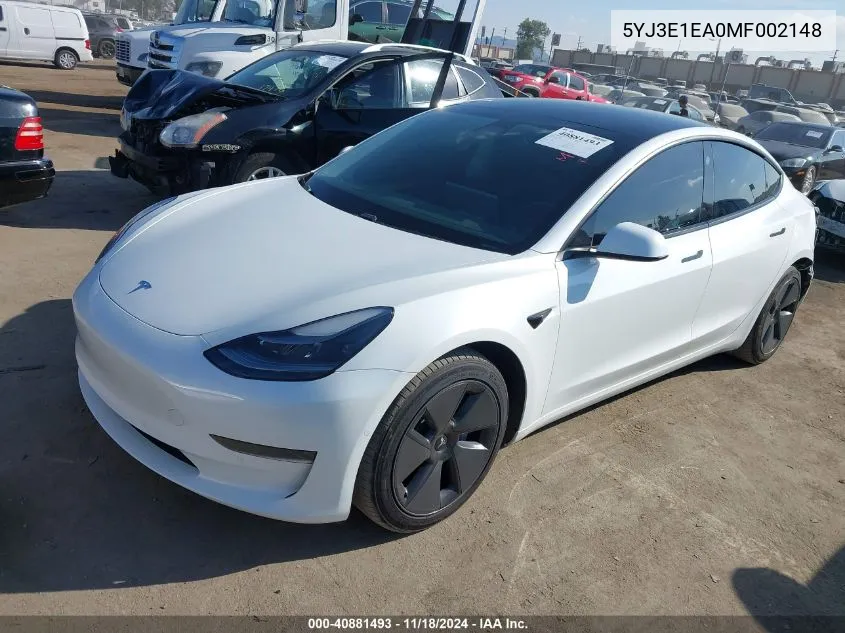 2021 Tesla Model 3 Standard Range Plus Rear-Wheel Drive VIN: 5YJ3E1EA0MF002148 Lot: 40881493