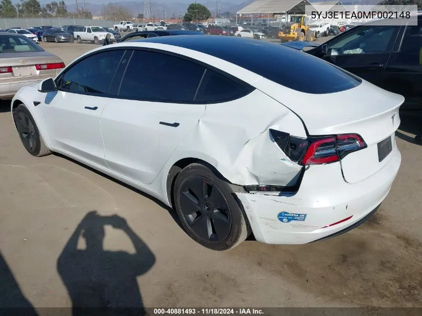 2021 Tesla Model 3 Standard Range Plus Rear-Wheel Drive VIN: 5YJ3E1EA0MF002148 Lot: 40881493