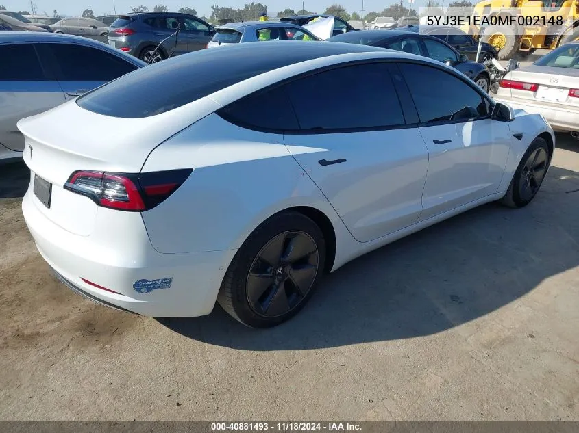 2021 Tesla Model 3 Standard Range Plus Rear-Wheel Drive VIN: 5YJ3E1EA0MF002148 Lot: 40881493