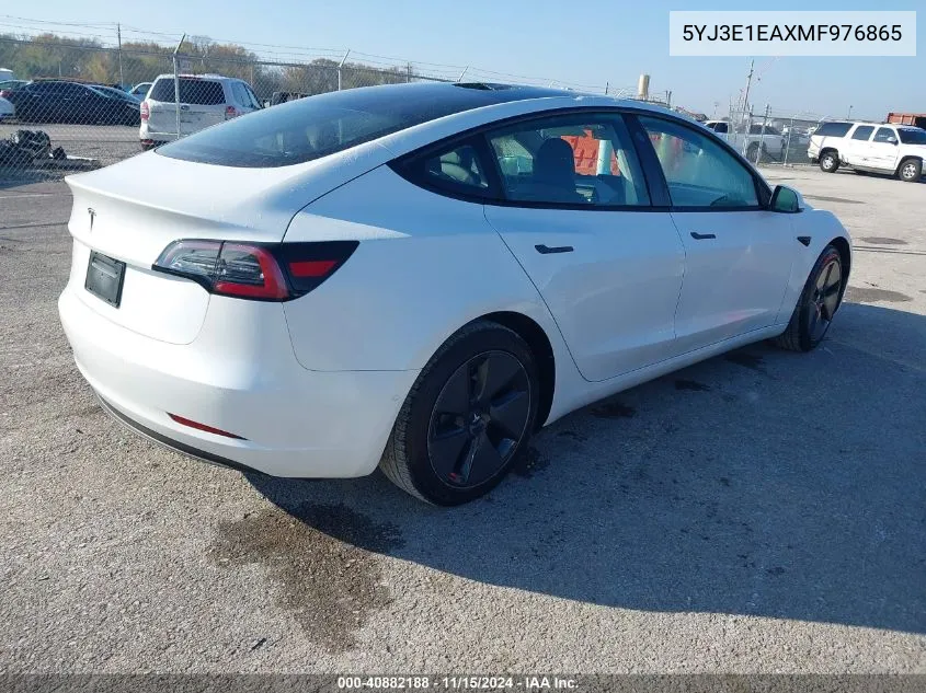 2021 Tesla Model 3 Standard Range Plus Rear-Wheel Drive VIN: 5YJ3E1EAXMF976865 Lot: 40882188