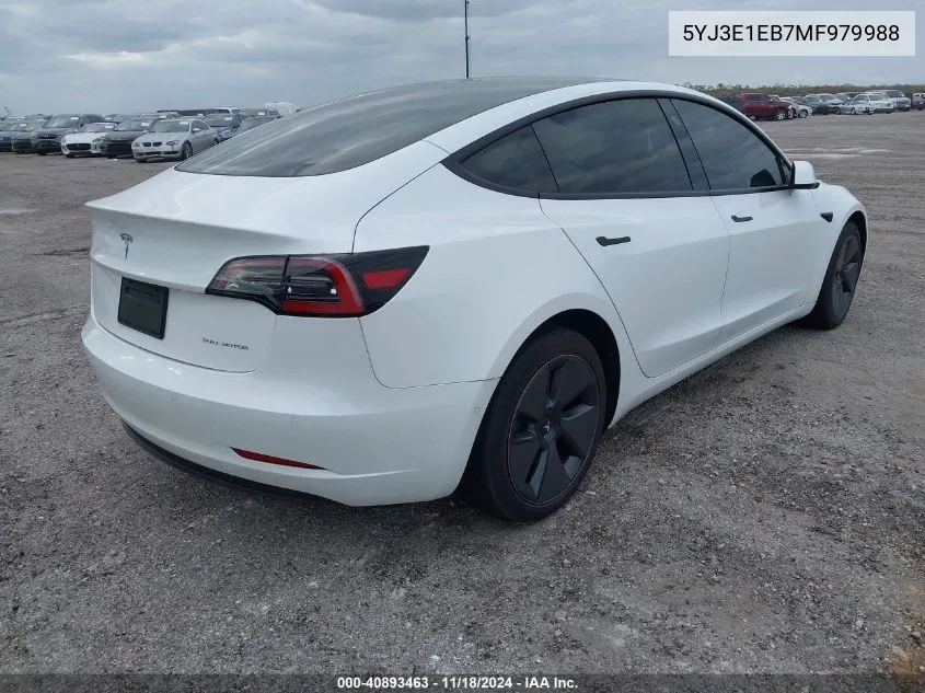 2021 Tesla Model 3 Long Range Dual Motor All-Wheel Drive VIN: 5YJ3E1EB7MF979988 Lot: 40893463