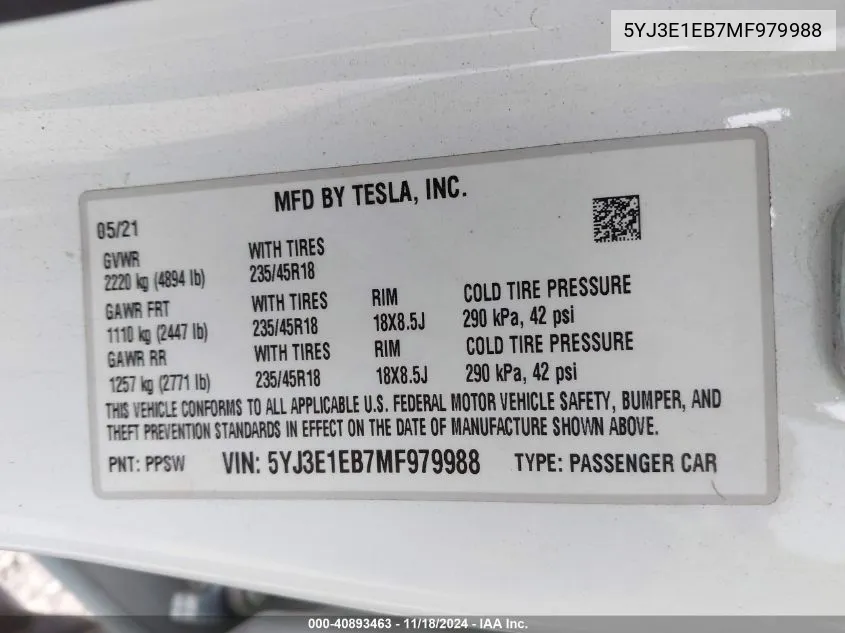 2021 Tesla Model 3 Long Range Dual Motor All-Wheel Drive VIN: 5YJ3E1EB7MF979988 Lot: 40893463