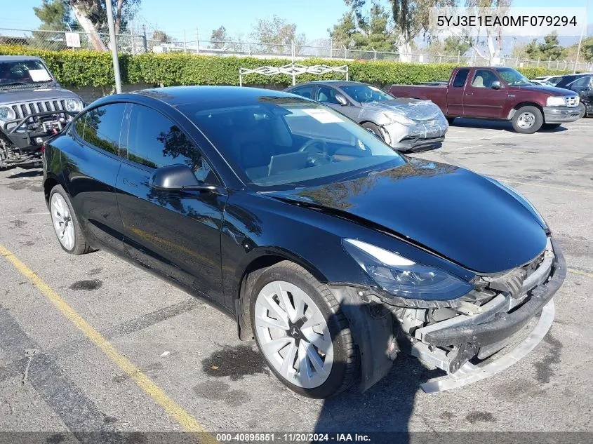 2021 Tesla Model 3 Standard Range Plus Rear-Wheel Drive VIN: 5YJ3E1EA0MF079294 Lot: 40895851