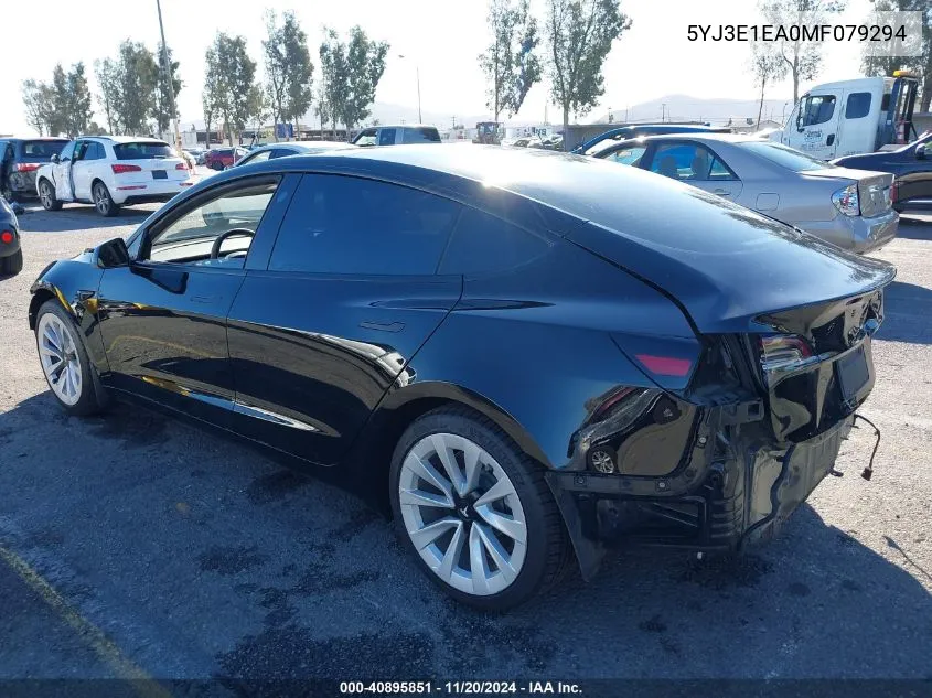 2021 Tesla Model 3 Standard Range Plus Rear-Wheel Drive VIN: 5YJ3E1EA0MF079294 Lot: 40895851