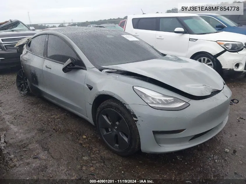 2021 Tesla Model 3 Standard Range Plus Rear-Wheel Drive VIN: 5YJ3E1EA8MF854778 Lot: 40901201