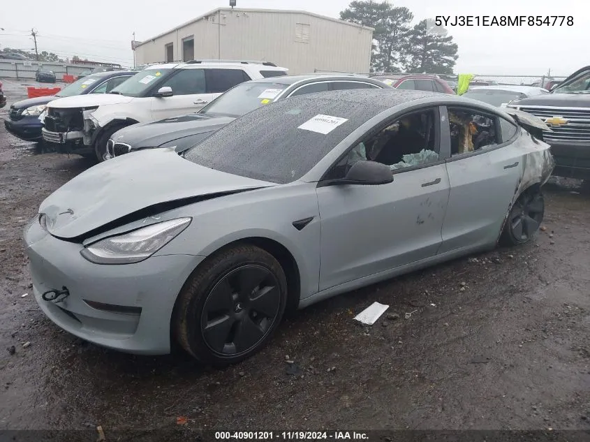 2021 Tesla Model 3 Standard Range Plus Rear-Wheel Drive VIN: 5YJ3E1EA8MF854778 Lot: 40901201