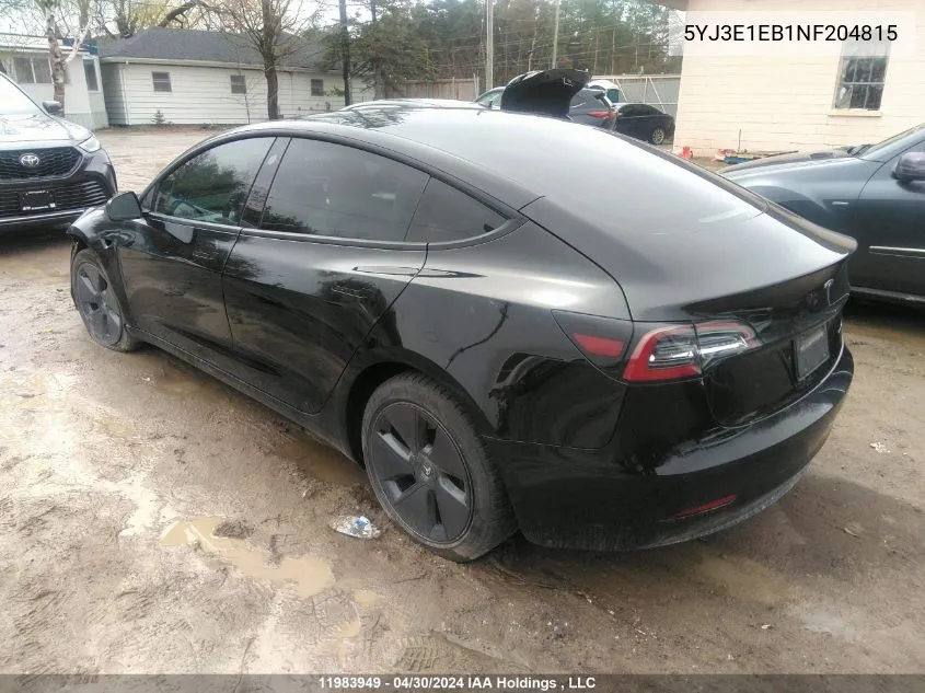 2022 Tesla Model 3 VIN: 5YJ3E1EB1NF204815 Lot: 11983949