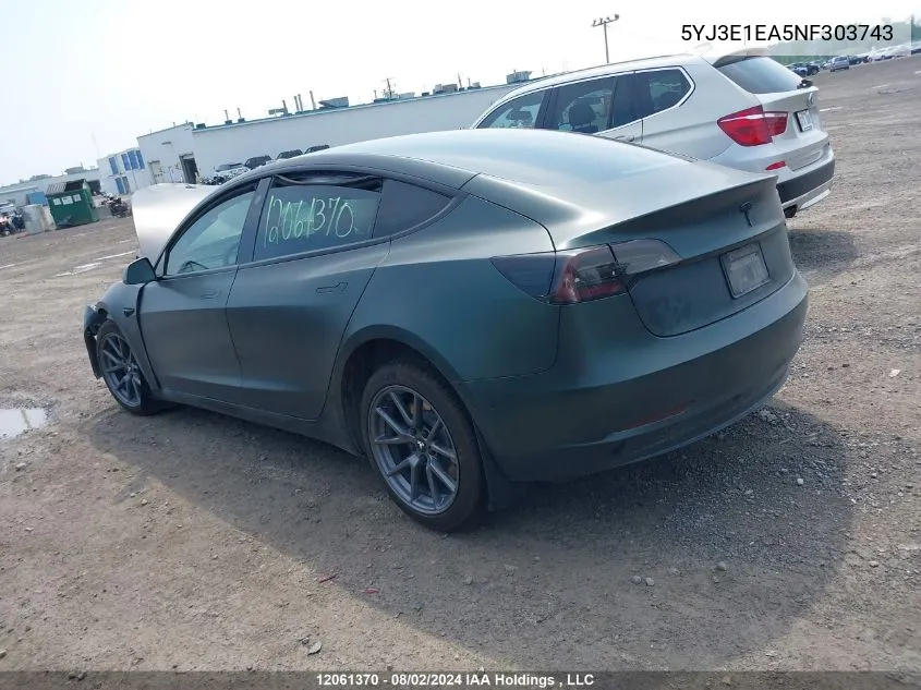 5YJ3E1EA5NF303743 2022 Tesla Model 3