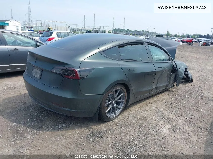 5YJ3E1EA5NF303743 2022 Tesla Model 3