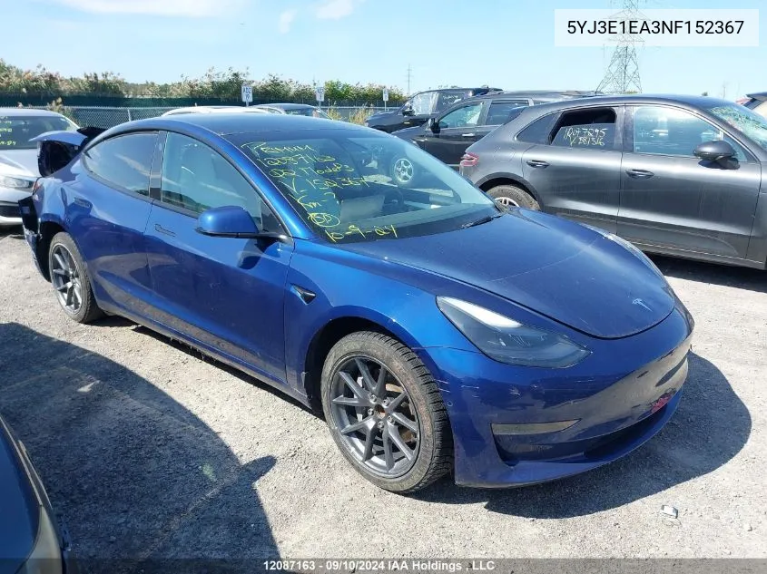 2022 Tesla Model 3 VIN: 5YJ3E1EA3NF152367 Lot: 12087163