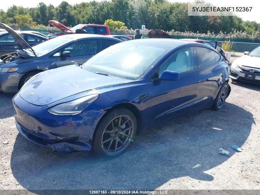 2022 Tesla Model 3 VIN: 5YJ3E1EA3NF152367 Lot: 12087163