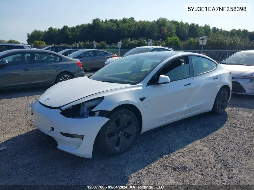 2022 Tesla Model 3 VIN: 5YJ3E1EA7NF258398 Lot: 12087706