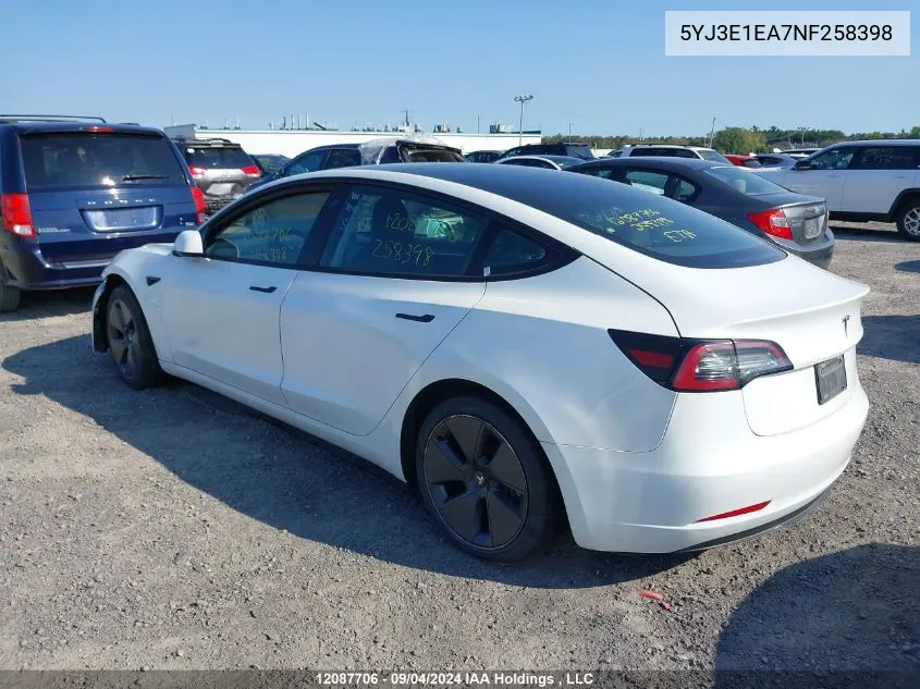 5YJ3E1EA7NF258398 2022 Tesla Model 3