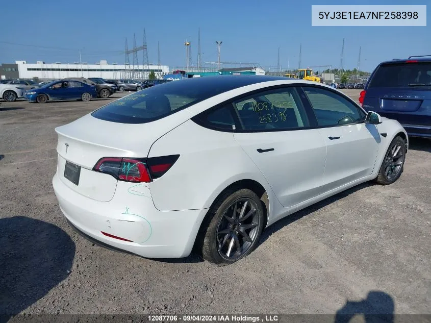 2022 Tesla Model 3 VIN: 5YJ3E1EA7NF258398 Lot: 12087706