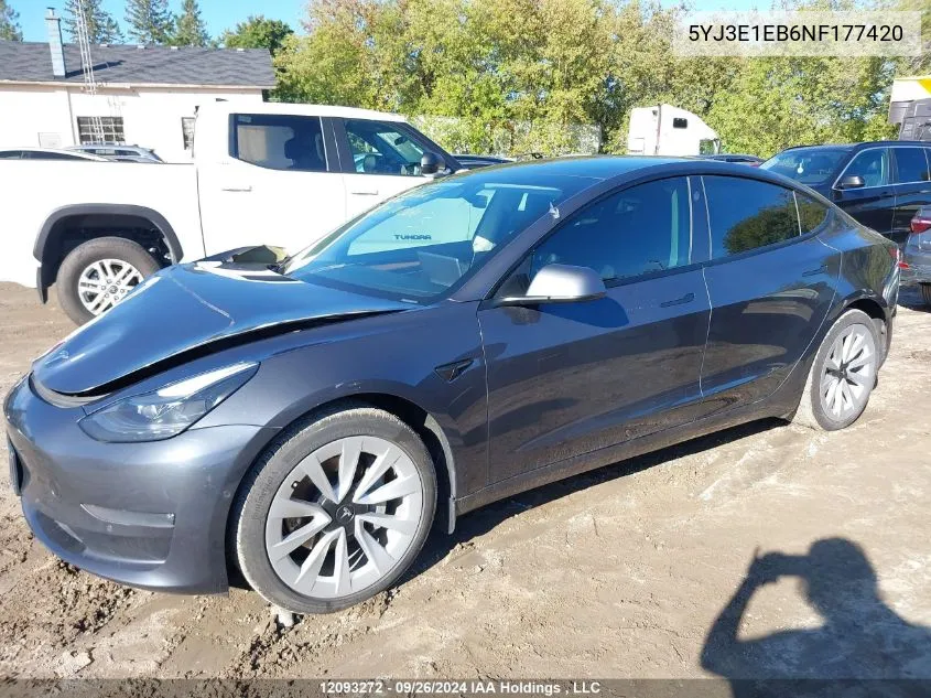 2022 Tesla Model 3 VIN: 5YJ3E1EB6NF177420 Lot: 12093272