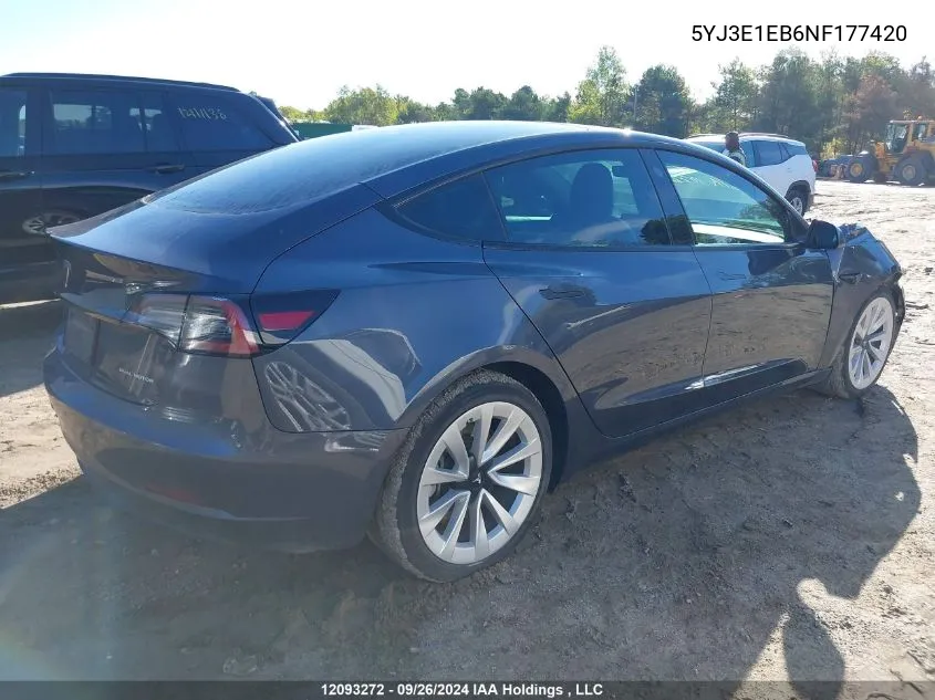 2022 Tesla Model 3 VIN: 5YJ3E1EB6NF177420 Lot: 12093272