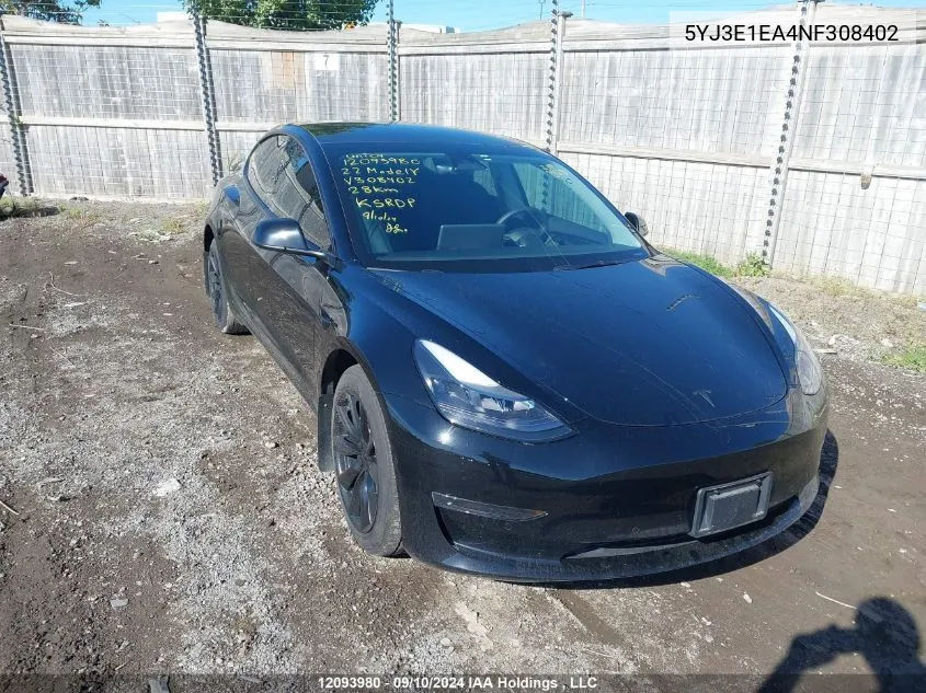 5YJ3E1EA4NF308402 2022 Tesla Model 3