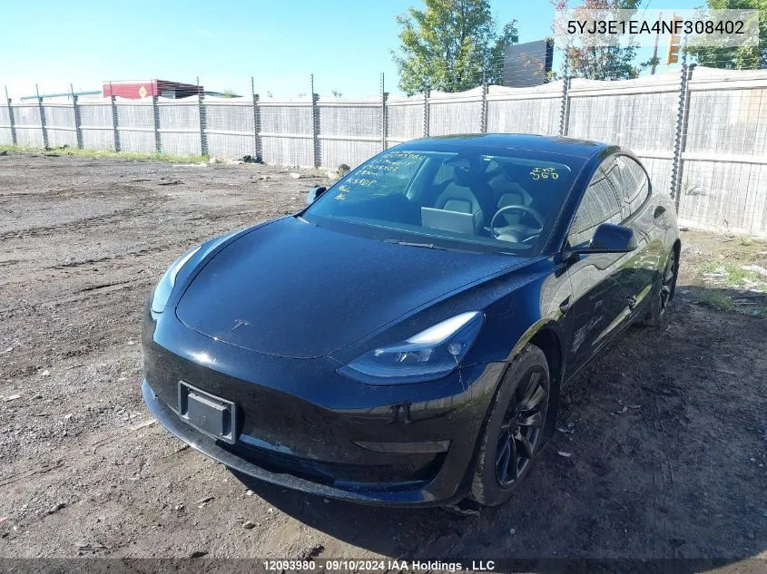 5YJ3E1EA4NF308402 2022 Tesla Model 3