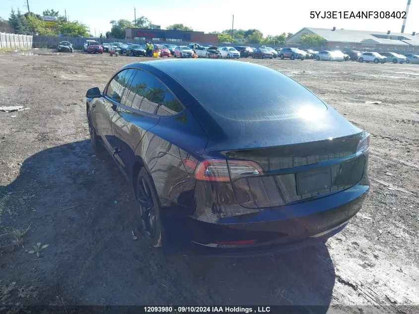 5YJ3E1EA4NF308402 2022 Tesla Model 3