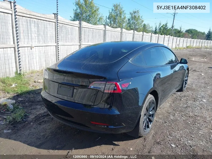 2022 Tesla Model 3 VIN: 5YJ3E1EA4NF308402 Lot: 12093980