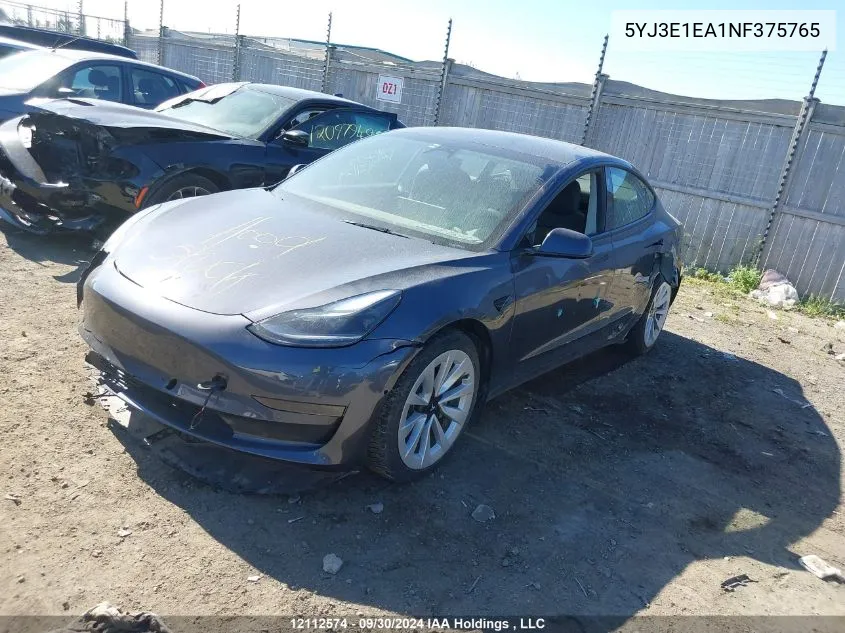 2022 Tesla Model 3 VIN: 5YJ3E1EA1NF375765 Lot: 12112574