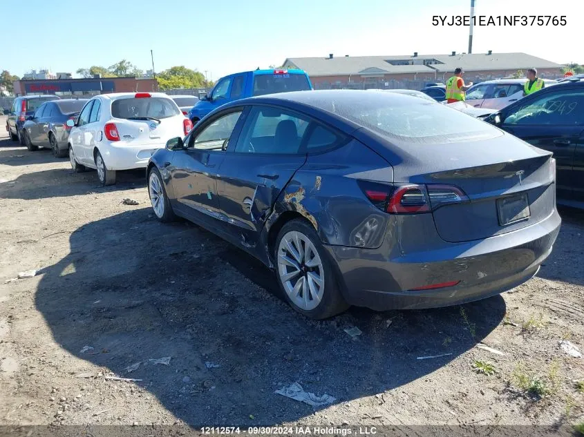 2022 Tesla Model 3 VIN: 5YJ3E1EA1NF375765 Lot: 12112574