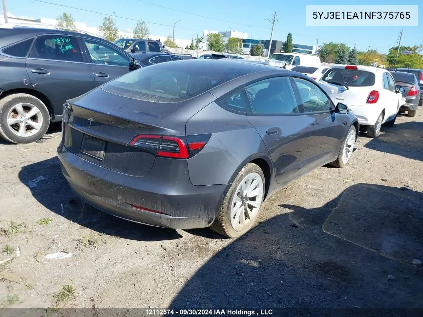 2022 Tesla Model 3 VIN: 5YJ3E1EA1NF375765 Lot: 12112574