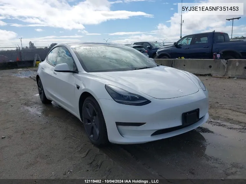 2022 Tesla Model 3 VIN: 5YJ3E1EA5NF351453 Lot: 12119482