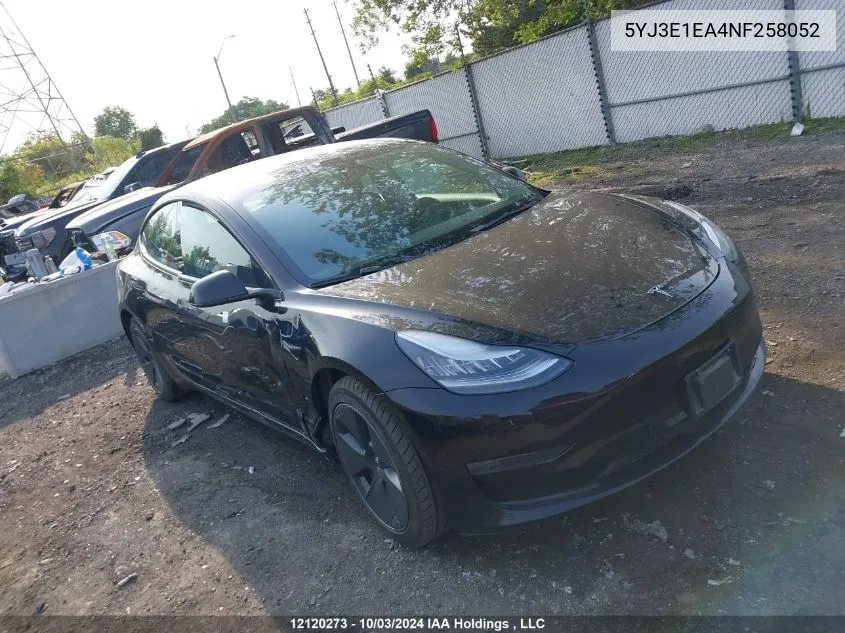 2022 Tesla Model 3 VIN: 5YJ3E1EA4NF258052 Lot: 12120273