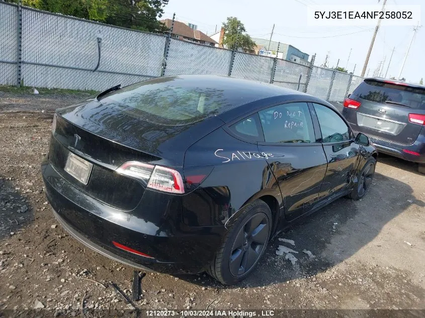 2022 Tesla Model 3 VIN: 5YJ3E1EA4NF258052 Lot: 12120273