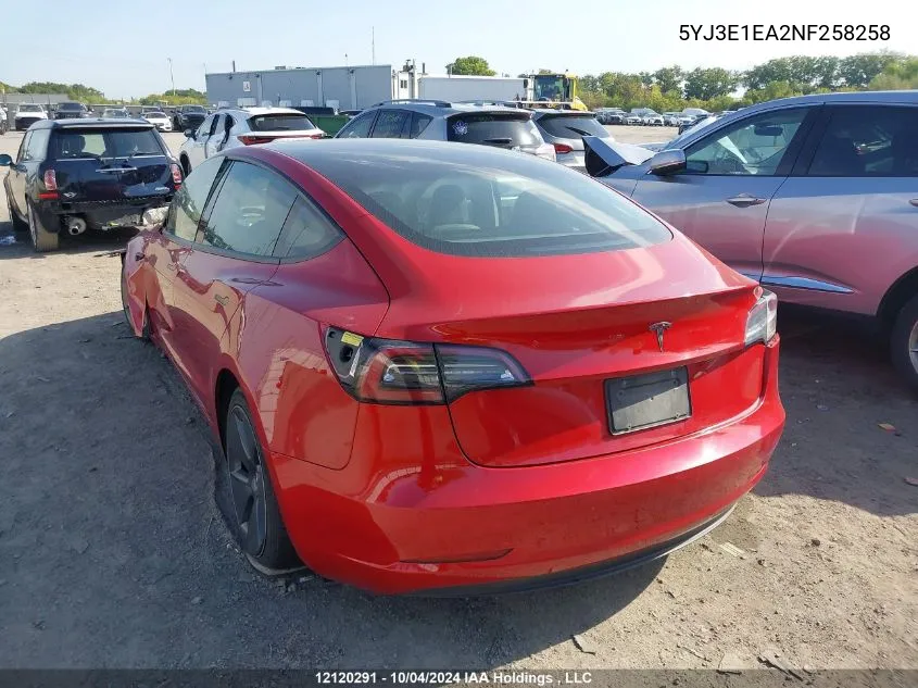 2022 Tesla Model 3 VIN: 5YJ3E1EA2NF258258 Lot: 12120291