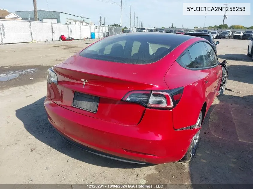 2022 Tesla Model 3 VIN: 5YJ3E1EA2NF258258 Lot: 12120291