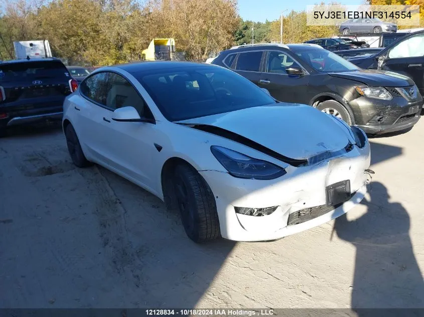 2022 Tesla Model 3 VIN: 5YJ3E1EB1NF314554 Lot: 12128834